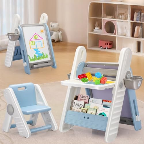 Image of Little Olive Kids Chair and Drawing Board with Easel | 3 in 1 Multipurpose Activity Table Desk Set | Convertible Study Furniture for Toddlers and Preschoolers (Blue)