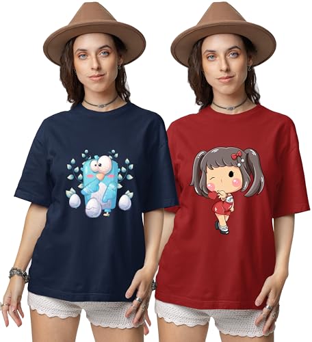 Image of Reifica Pure Cotton Half Sleeve Loose Fit Oversized T Shirts for Women /Girls Combo Pack of 2