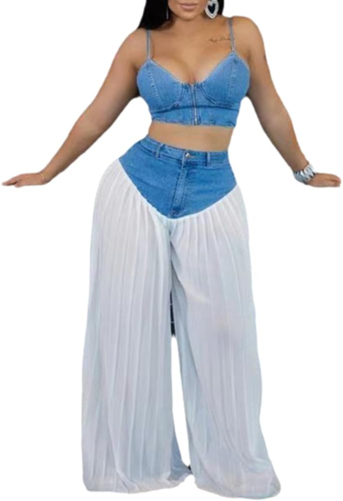 NIFTRIRY Two Piece Sets for Women Dressy Cami Denim Top Wide Leg Jeans Woman Going Out Outfits