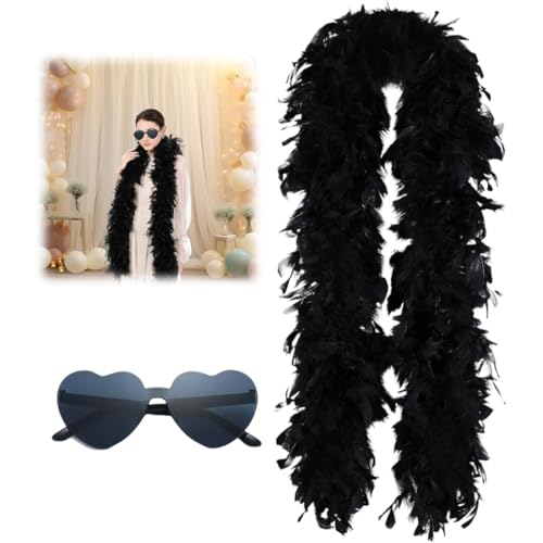 OIXYAZ Federboa Schal – Langer Feder Umhang aus Echten Federn, Schwarze Boa für Karneval Kostüm, 20er Jahre Party, Halloween & Fotoshooting