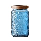 ANSQU Vintage Glass Jar with Solid Wood Lid, 34 FL OZ Blue Sunflower Decorative Jar, Glass Food Storage Container for Coffee, Tea Bags, Nuts, Sugar, Jam, Pet Food (Blue, 1 Pack)