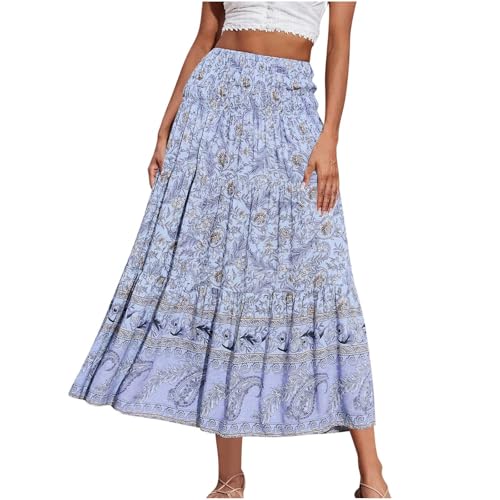 Long Skirts for Women Summer Flowy Boho Floral Maxi Skirt High Waist A Line Pleated Skirts Beach Vacation Outfits