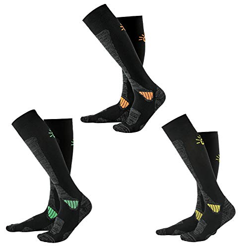 Ski Socks Women Knee High Cushined Warm Skiing Socks 3 Pack (Orange + Green + Gold) M