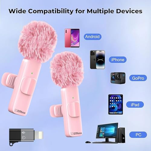 Image of EMBOX Mic Wireless with Type-C & Lightning, Wireless Dual Mic for YouTube Recording, 2.4GHz Wireless Microphone with Noise Cancellation, 20m Range, 6H Battery, Magnetic Clip