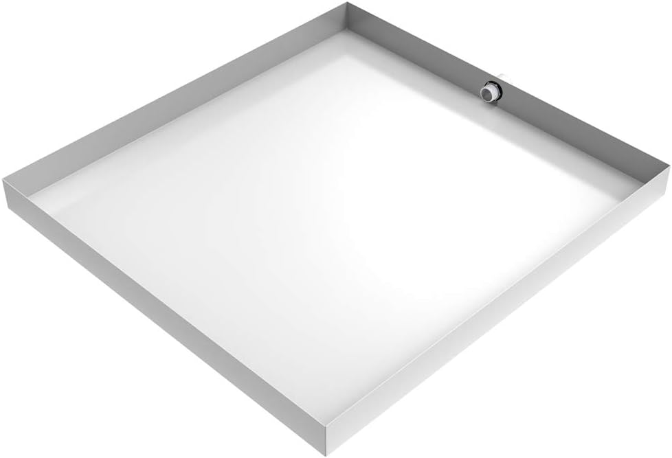32" x 30" x 2.5" White Metal Washing Machine Tray with PVC Drain Fitting | Water Damage Prevention | No Leak | Made In The USA | Welded Water Tight