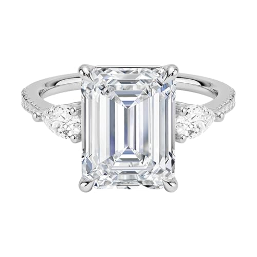 4 CT Emerald Cut Lab Grown Diamond Three Stone Accented Engagement Ring