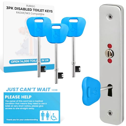 RubiGo Lot de 3 clés radar pour toilettes handicapées UK – 4 couleurs – clés de toilettes handicapées avec carte « Just Can't Wait » (bleu)
