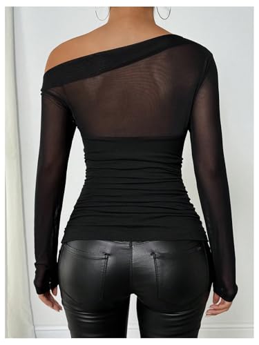 SweatyRocks Women's Off The Shoulder Sheer Mesh Long Sleeve Top Asymmetrical Neck Ruched Fitted Tees Shirt Tops2