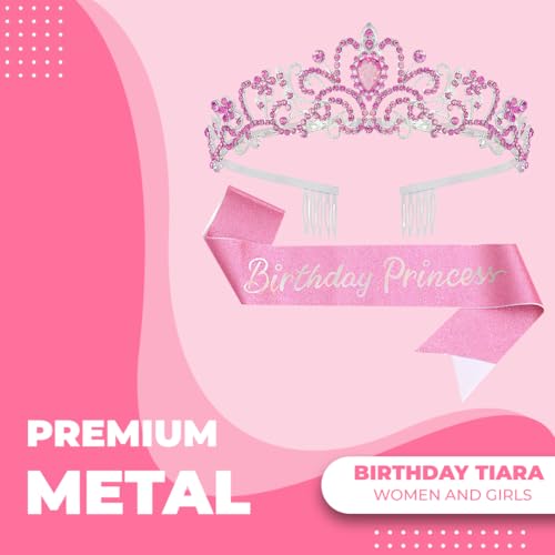 Birthday Tiara and Crown with Sash for Women, Hair Accessories for Wedding Party Costume (C - Pink)
