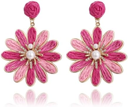 Boho Raffia Flower Earrings for Women – Lightweight Dangle Jewelr...