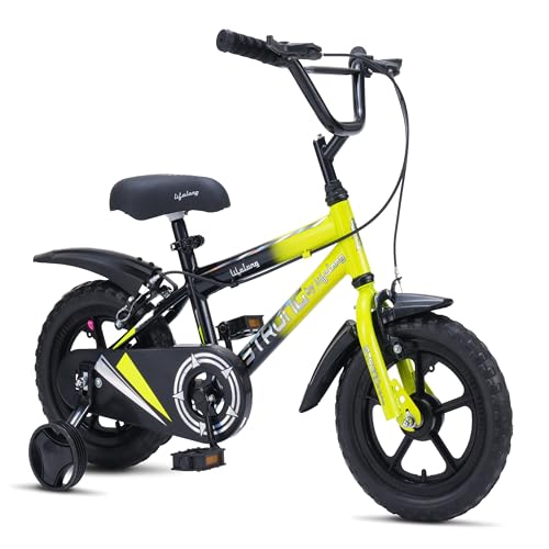 Lifelong Strong 14T Single Speed Kids Bicycle | Kids Bike for 3–7 Years | Mag Wheels & EVA Tyres | Rigid Fork | Caliper Brake | Dual Tone Paint | Chain Cover & Mudguard (Black & Lime Yellow)