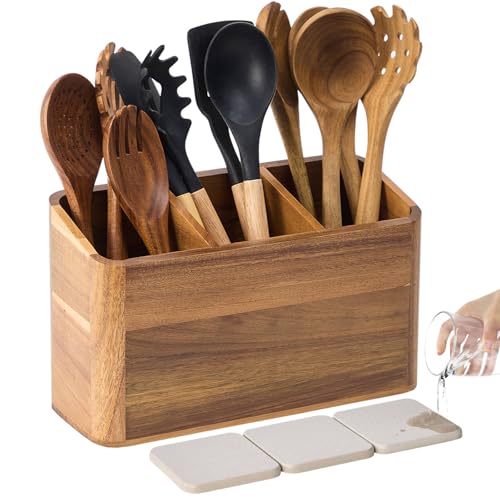 Wooden Utensil Holder for Kitchen Counter, Acacia Wood Kitchen Utensil