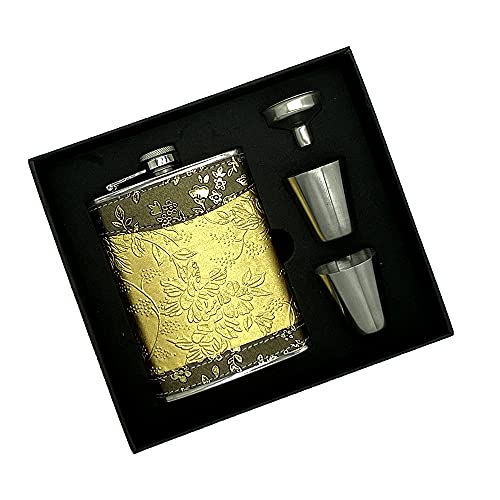 Hip flask,flasks,8 oz Stainless Steel Golden Hip Flask Set Leakproof Flask,whiskey flask,Hip Flask with Funnel and cups,Flask for Liquor for Men