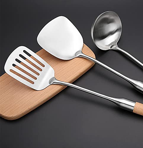 Wok Spatula Stainless Steel Set,Kitchen Spatula Set,304 Stainless Steel Wok Spatula With Heat-Resistant Beech Wood Handle,Silver/15.35Inch - 2-Piece Set. #TOP3