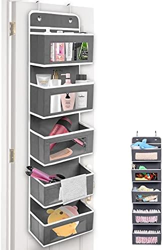 AOIEORD Over Door Hanging Storage, 5 Pockets Fabric Foldable Hanging Organizer with Transparent Window Bin Door Storage For Toys, Wallets And Towels