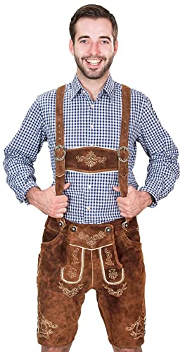 Bayerische Herren Trachten Lederhose kurz, Trachtenlederhose mit Trägern, original in Mittelbraun, Oktoberfest, Größe 52