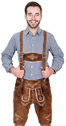 Bayerische Herren Trachten Lederhose kurz, Trachtenlederhose mit Trägern, original in Mittelbraun, Oktoberfest, Größe 50