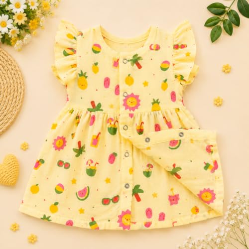 Image of Lilimi Toddler Baby Girl Cotton Muslin Dress, Breathable Flutter Sleeve Button-Front Cute Frocks