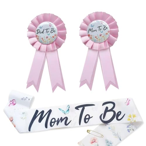 Wildflower Mom to Be Sash & Daddy to Be Badge for Floral Baby Shower Gender Reveal Party Decorations Photo Props Pregnant Mommy Gift