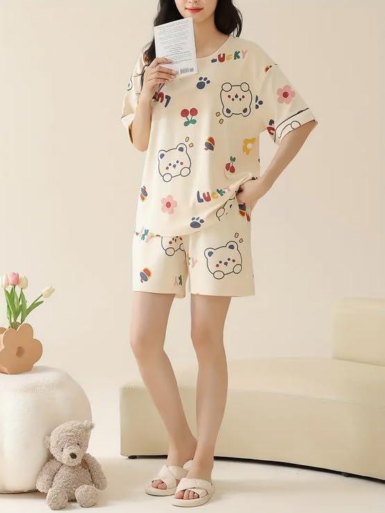 Image of Lunza Women's Cotton Blend Pajama Set, Short Sleeve T-Shirt and Shorts, Cute Bear Print Nightwear