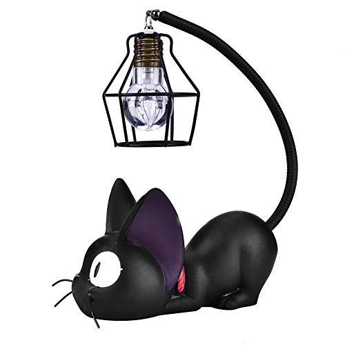 Uadme Nachtlicht aus Kunstharz, Katze, LED-Schreibtischlampe, Ornamente mit Lampenschirm, Heimdekoration, Geschenk (schwarze Augen)