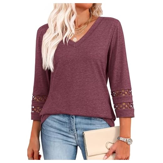 Beach Vacation Clothes for Women Plus Size 3/4 Sleeve Tops Summer Work Blouses for Women Business Casual Wine Red XL