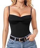 Popilush Corset Bodysuit for Women Tummy Control Cowl Neck Thong Shapewear Bodysuits Going Out Tops Black
