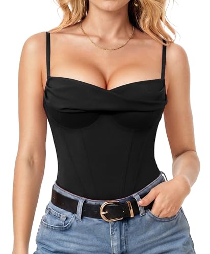 Popilush Corset Bodysuit for Women Tummy Control Shapewear Cowl Neck Tops Concert Outfits Thong Bodysuits