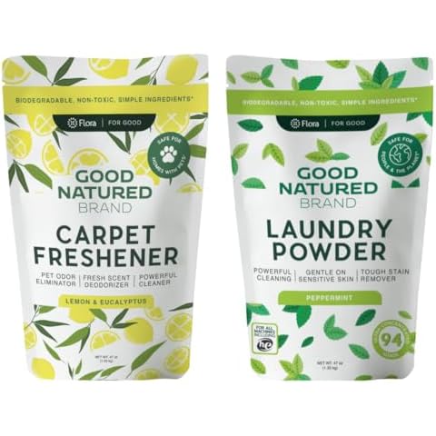 Good Natured Brand | Laundry Bundle | Carpet Freshener Lemon & Eucalyptus 47oz | Pet-Friendly Carpet Deodorizer | Laundry Powder Peppermint 47oz | Hypoallergenic Laundry Powder 94 Loads Cover