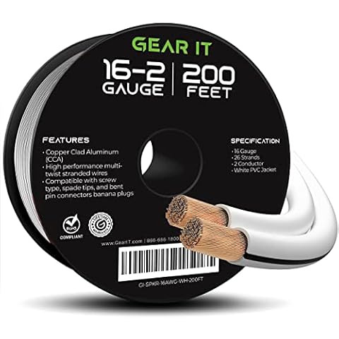 GearIT Speaker Wire, 16-Gauge Speaker Wire, 16AWG (200 Feet / 60.9 Meters) Speaker Wire, White Cover