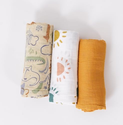 Image of Muslin Swaddle Blankets for Baby, 3 Pack, Floral and Solid Patterns (Mustard)