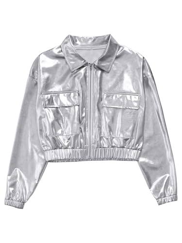 RUNQHUI Enfant Fille Blouson Métallique Brillant Veste Hip Hop Haut Danse Disco Costume Danse...