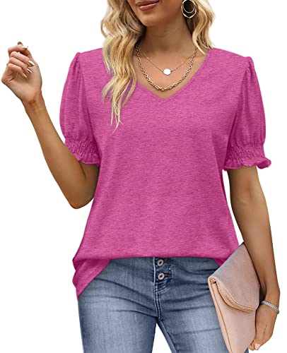 Mother's Day T Shirts For Women V Neck Short Sleeve Trendy Soft Tops Deep Pink M #TOP11