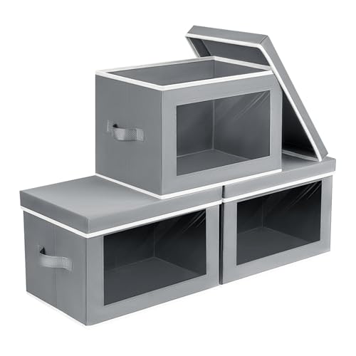 Image of Homsorout Storage Bins with Lids - Small Fabric Organizers with Window, Collapsible Storage Bins for Clothes, Decorative Closet Organizers for Towels, Tshirt, 3 Pack, Grey