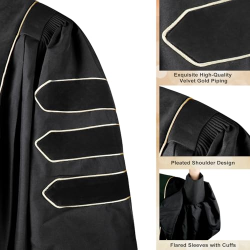 Image of Unisex Deluxe Doctoral Graduation Gown with 8 Sides Doctorate Tam | Gold Piping Doctoral Regalia for Graduation Ceremony Black-54