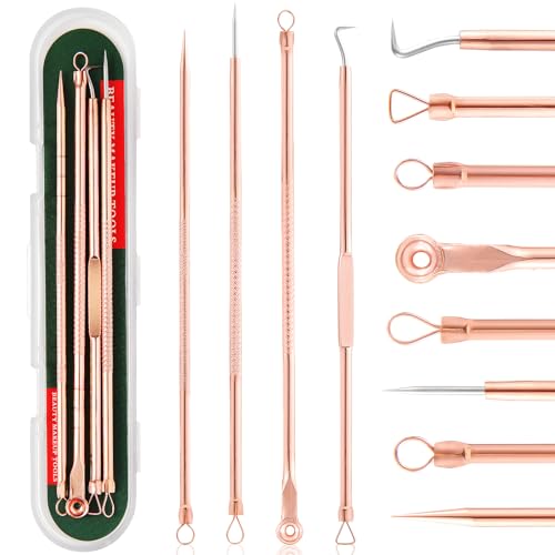 FEITA Blackhead Remover Pimple Comedone Extractor Tool Stainless Acne Tools Pimple Popper Removal Kit Zit Whitehead Popping Needle for Nose & Face Rose Gold 4Pcs