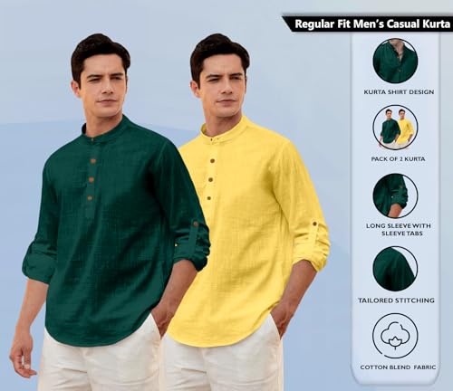 Image of Zombom Men's Combo Cotton Polyester Blend Solid Full Sleeve Straight Regular Fit Mandarin /Chinese Collor Kurta (Pack of 2)