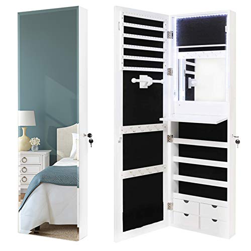 USIKEY 80 LED Lights Jewelry Cabinet WallDoor Mounted Lockable Jewelry Organizer with Full-Length Mirror Jewelry Armoire Cabinet with 4 Drawers Built in Makeup Mirror White