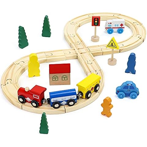 Holzeisenbahn Kinder Spielzeug ab 3 Jahre Eisenbahn Holz Set Holzspielzeuge Holzeisenbahn Zubeh?Rennbahn Geschenke Cover