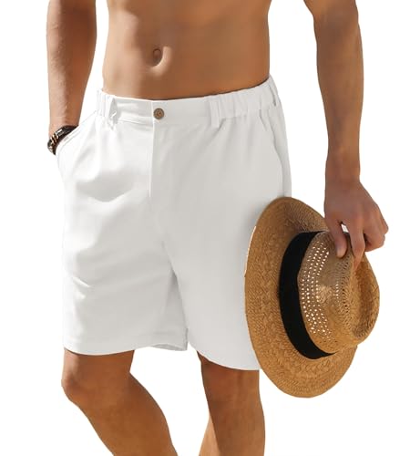 JEMLDL Men's Shorts Casual 7" Cotton Linen Button Elastic Waist Summer Beach Vacation Shorts with Multi-Pocket US 34 Medium White