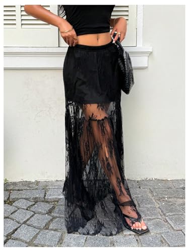 Verdusa Women's Plus Size Sheer Lace Maxi Skirt Ruffle Hem See Through A Line Flowy Skirt3