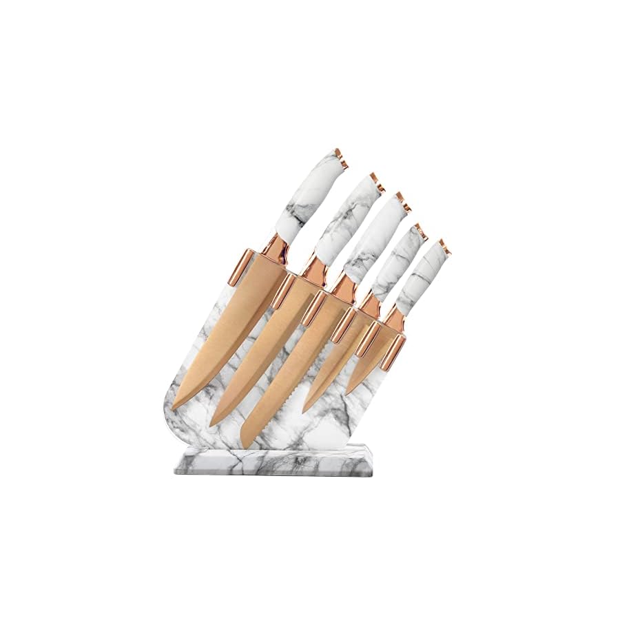Knife-Set-Non-Stick-Champagne-Gold-Knives-Set-with-Acrylic-Storage-Block-6-Pieces-Sharp-Knife-Set-Stainless-Steel-Beautiful-White-Marbling-Handle-Rainbow-Blade-Kitchen-Knife-Champagne-Gold-Blade Knife Set Non Stick, Champagne Gold Knives Set with Acrylic Storage Block, 6 Pieces Sharp Knife Set, Stainless Steel Beautiful White Marbling Handle Rainbow Blade Kitchen Knife (Champagne Gold Blade)