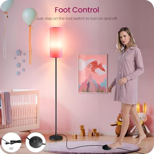 Image of Dimmable Pink Floor Lamp for Living Room with Remote and Foot Switch, Corner Floor Lamp for Bedroom, 64.4 inch Standing Tall Lamp, 10W 900LM Bulb Included, 3000K-6500K, Linen Shade, FCC Listed P06LD05W1