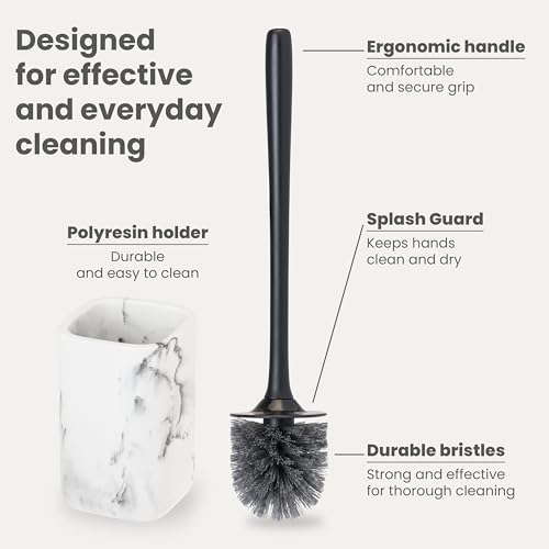 Image of Vigar Zense Toilet Brush and Holder Set, Polyresin Stone, White Marble | Toilet Bowl Brush and Holder, Compact Toilet Cleaner Brush for Bathroom Decor and Toilet Accessories Set