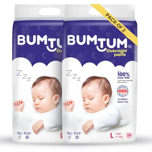 Image of Bumtum Baby Overnight Diaper Pants - Size L (9-14 kg), 72 Count | All night Absorption with Pillow Soft Comfort | No Leak | 100% Rashfree | With soothing Chamomile Microbial Layer | Pack of 2