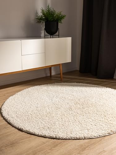 benuta Sohari Alfombra básica de pelo largo para salón, color crema, 200 cm, redonda, aspecto minimalista, suave y lavable, para dormitorio, pasillo o comedor, adecuada para calefacción por suelo