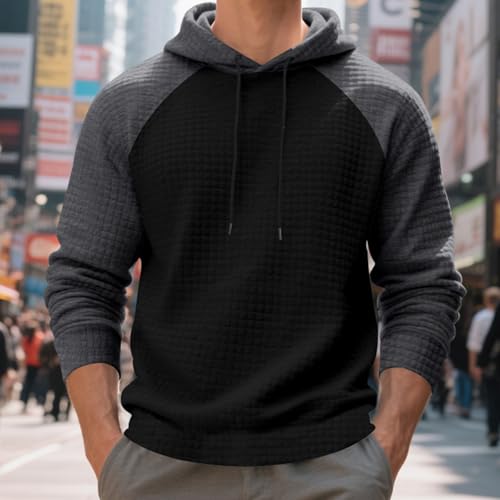 Muineobuka Men's Pullover Hoodies Casual Long Sleeve Drawstring Color Block Plaid Jacquard Hooded Sweatshirts with Pockets4