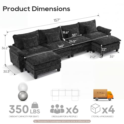 Image of URRED Oversized Modular Sectional Sofa,Black:157 inch U Shaped