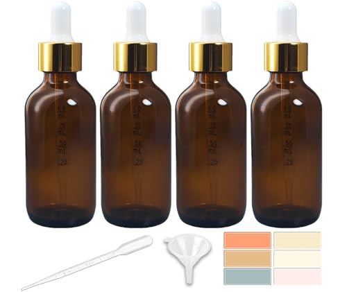 Zkupanx 4 Pack Amber Glass Dropper Bottles 2 oz 60 ml Glass Bottles with Measured Dropper for Essential Oils Liquids - Tincture Bottles Leakproof Travel Small Bottle