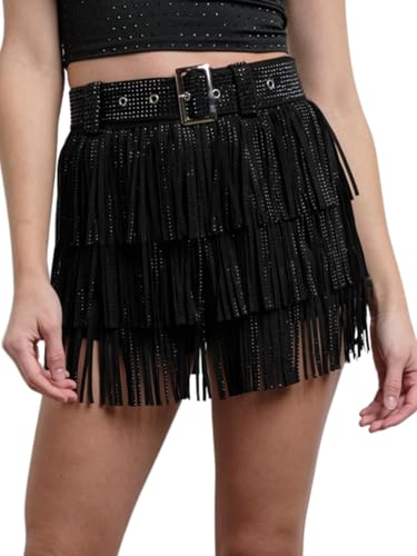 Womens Sparkle Rhinestone Fringe Shorts Pants Elastic Band Skort Western Cowgirl Mini Skirt Built-in Short